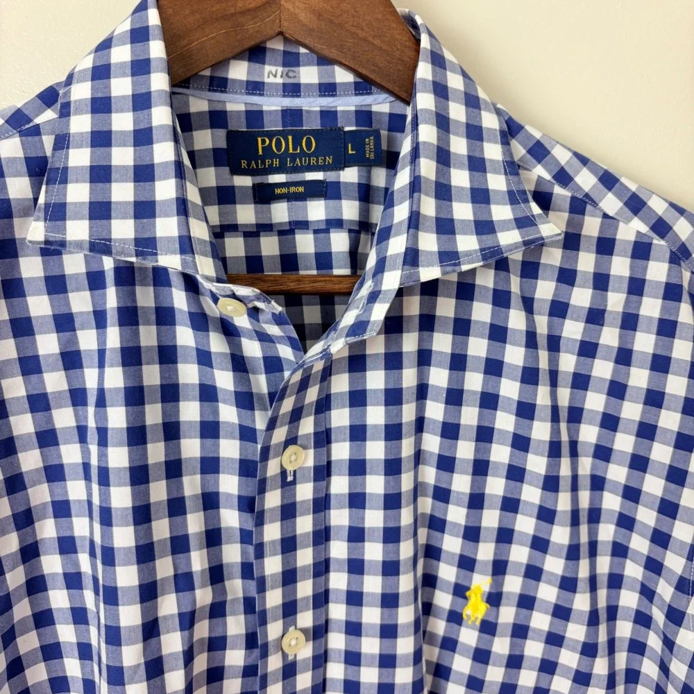 Polo Ralph Lauren Men's‎ L Non Iron Blue Gingham Plaid Check Button Down Shirt